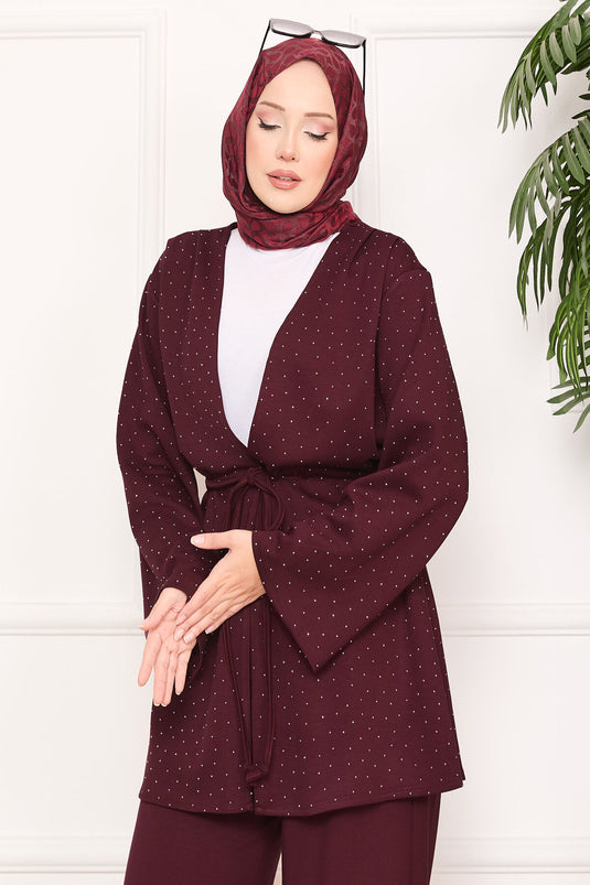 Sparkling Stone Detailed Pleated Oysho Hijab Suit Burgundy