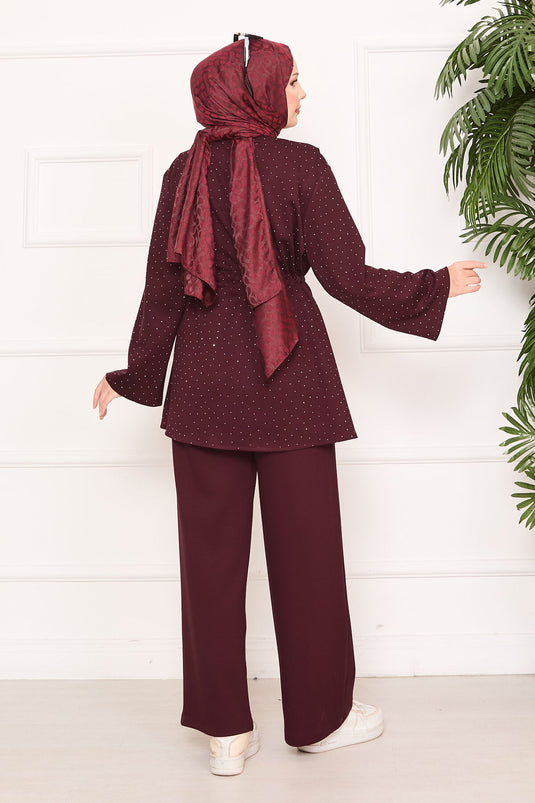 Sparkling Stone Detailed Pleated Oysho Hijab Suit Burgundy