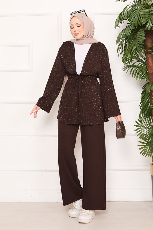 Sparkling Stone Detailed Pleated Oysho Hijab Suit Brown