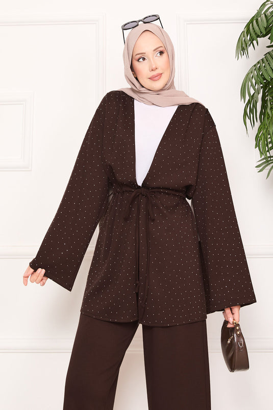 Sparkling Stone Detailed Pleated Oysho Hijab Suit Brown