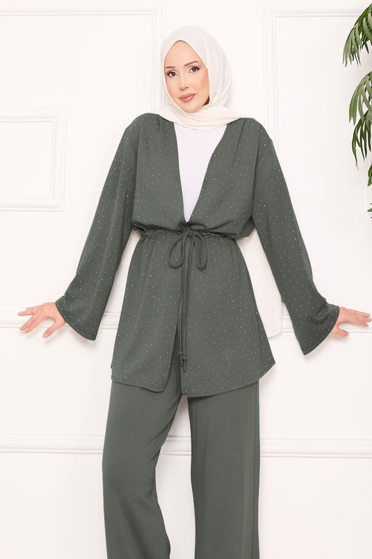 Sparkling Stone Detailed Pleated Oysho Hijab Set Mint