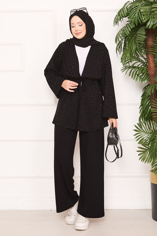 Sparkling Stone Detailed Pleated Oysho Hijab Suit Black