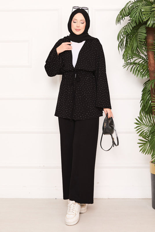 Sparkling Stone Detailed Pleated Oysho Hijab Suit Black