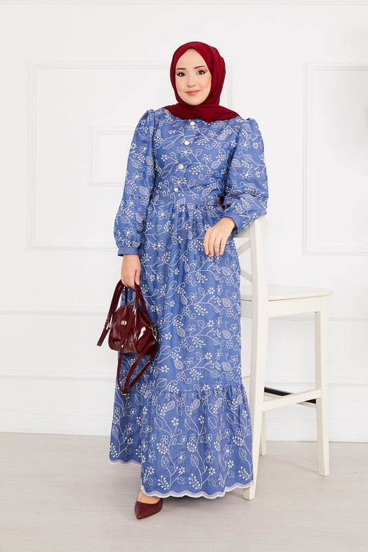 Besticktes Hijab-Jeanskleid Blau