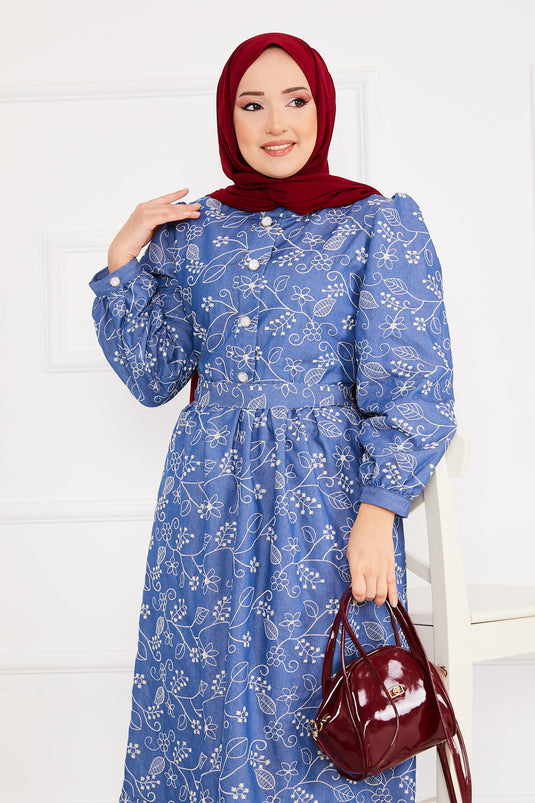 Besticktes Hijab-Jeanskleid Blau