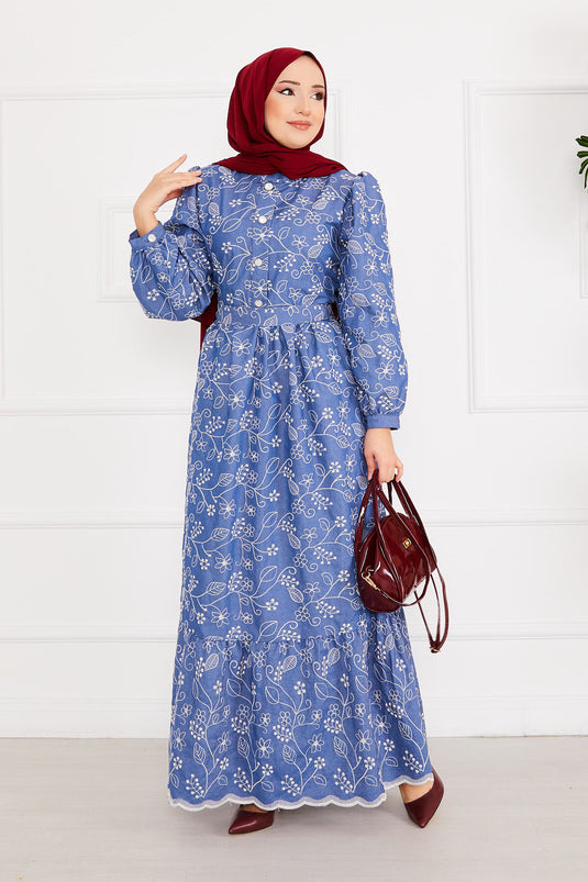 Embroidered Hijab Denim Dress Blue