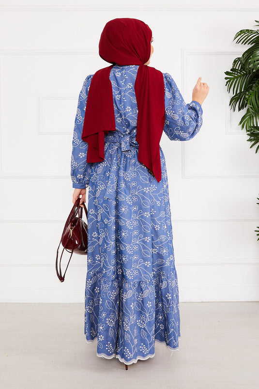 Embroidered Hijab Denim Dress Blue