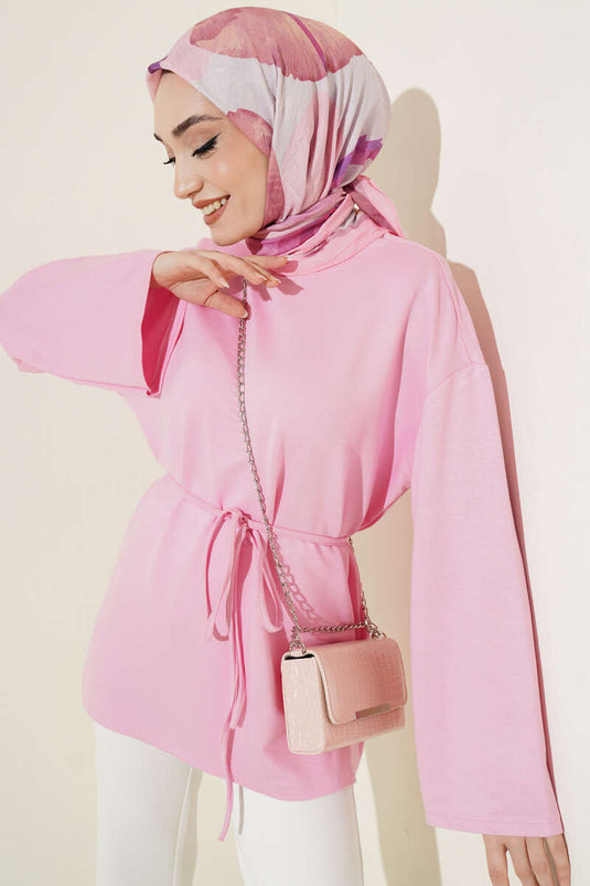 İspanyol Kol Bağcıklı Tunik Pembe