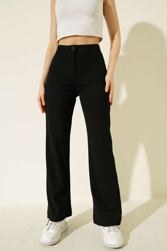 İspanyol Paça Bel Düğmeli Pantolon Siyah