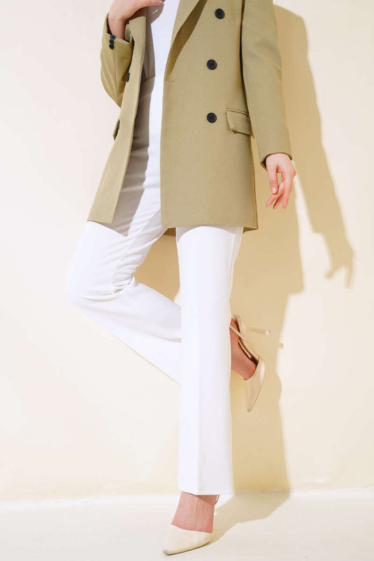 İspanyol Paça Bel Lastikli Dabıl Pantolon Beyaz