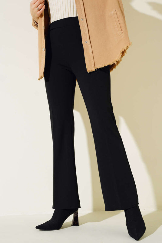 İspanyol Paça Bel Lastikli Dabıl Pantolon Siyah