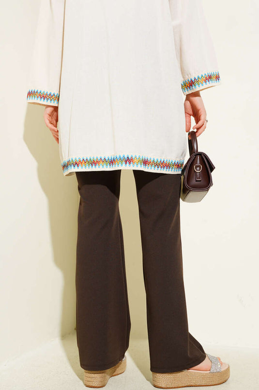 Pantalon à pattes d'éléphant et taille élastique couleur châtaigne