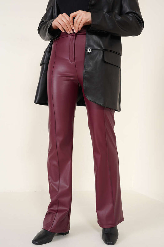 Pantalon Évasé En Cuir Rouge Claret