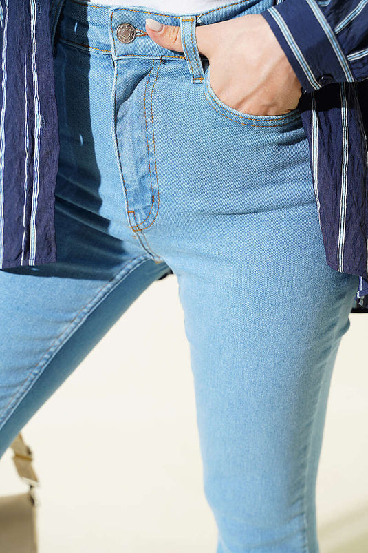 İspanyol Paça Düğmeli Kot Pantolon Açık Mavi