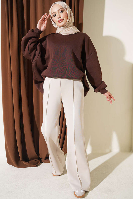 Beige Scuba-Hose Mit Spanischem Saum