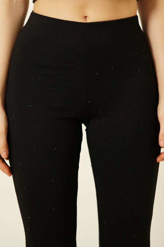 Schwarze Hose mit weitem Bein, Steinverzierung und elastischem Bund