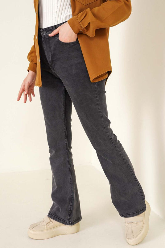 Pantalon en jean anthracite taille haute à jambe évasée