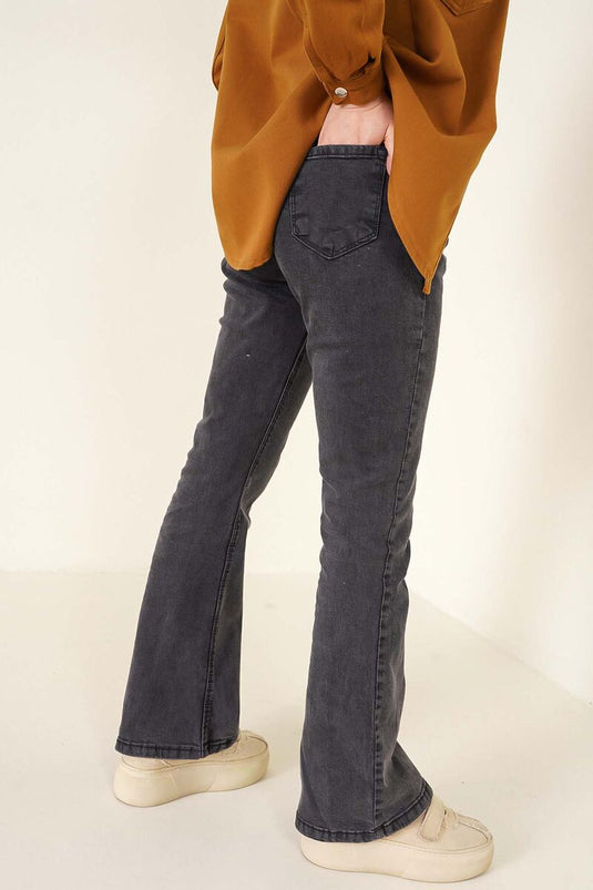 Pantalon en jean anthracite taille haute à jambe évasée