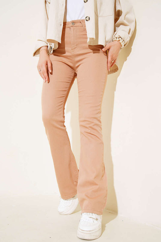 Pantalon en jean camel taille haute à jambe évasée