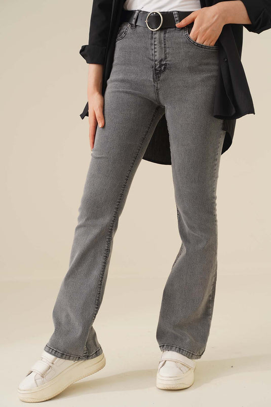 Pantalon en jean gris taille haute à jambe évasée