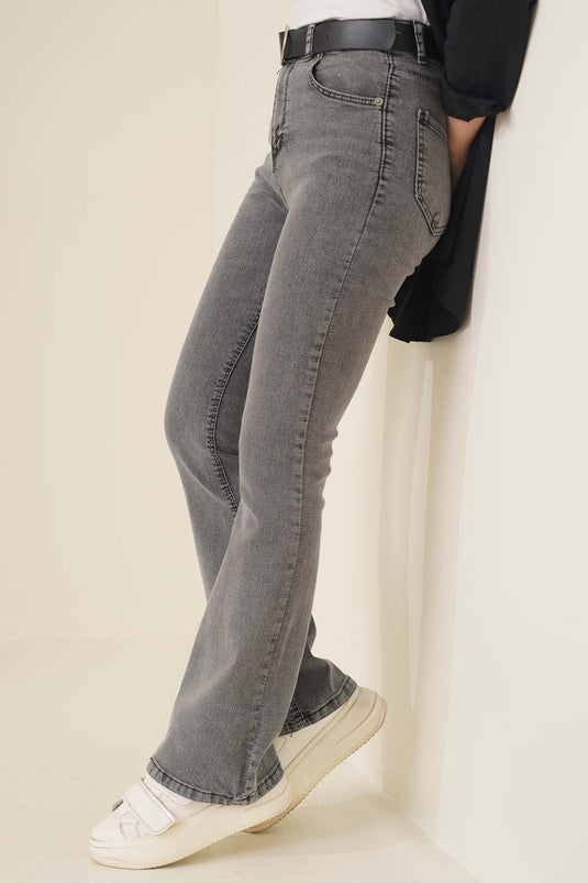 Pantalon en jean gris taille haute à jambe évasée