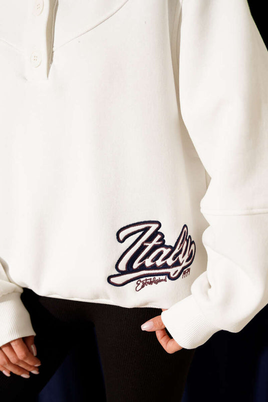 İtaly Nakışlı Yaka Düğmeli Şardonlu Sweat Beyaz