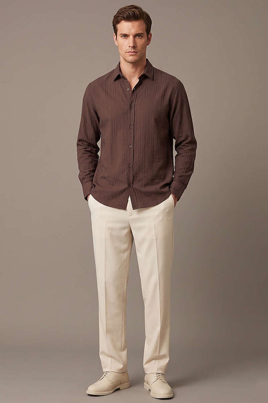 Chemise homme à manches longues avec détails rayés Jakar, couleur café