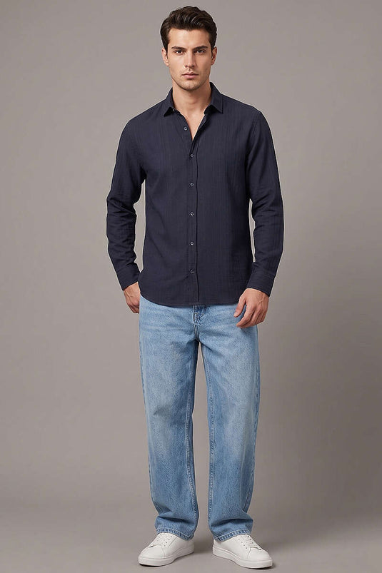 Camicia uomo a manica lunga con dettagli a righe jacquard blu scuro