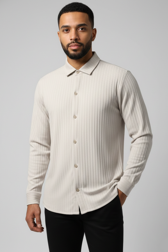 قميص رجالي بنقشة جاكار مخطط عمودي لون حجر