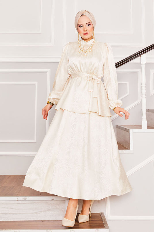 Ensemble Hijab à jupe en jacquard beige