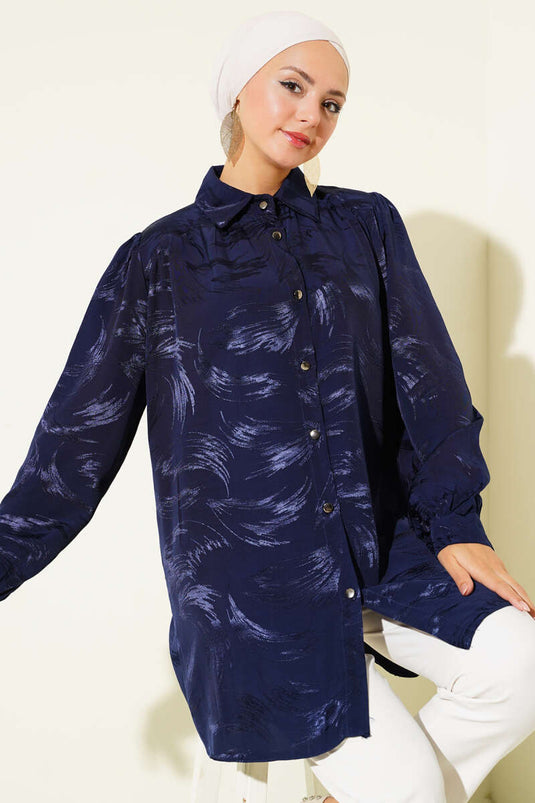 قميص منقوش بفرشاة جاكار أزرق داكن