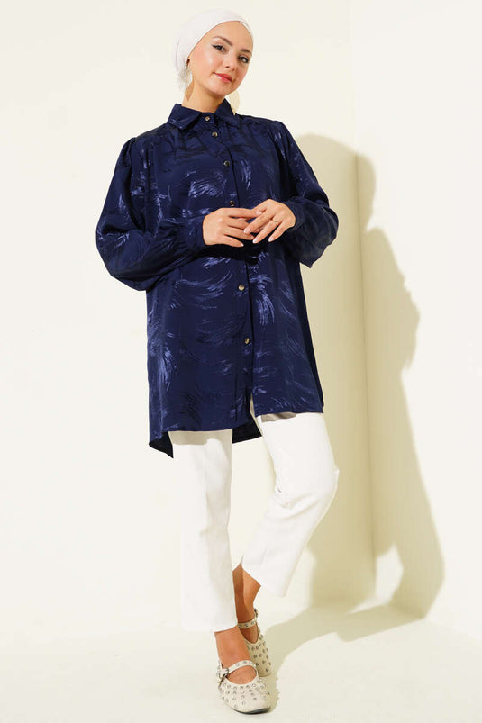 قميص منقوش بفرشاة جاكار أزرق داكن