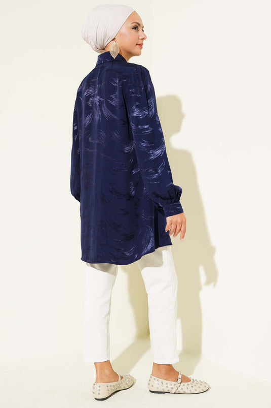 قميص منقوش بفرشاة جاكار أزرق داكن