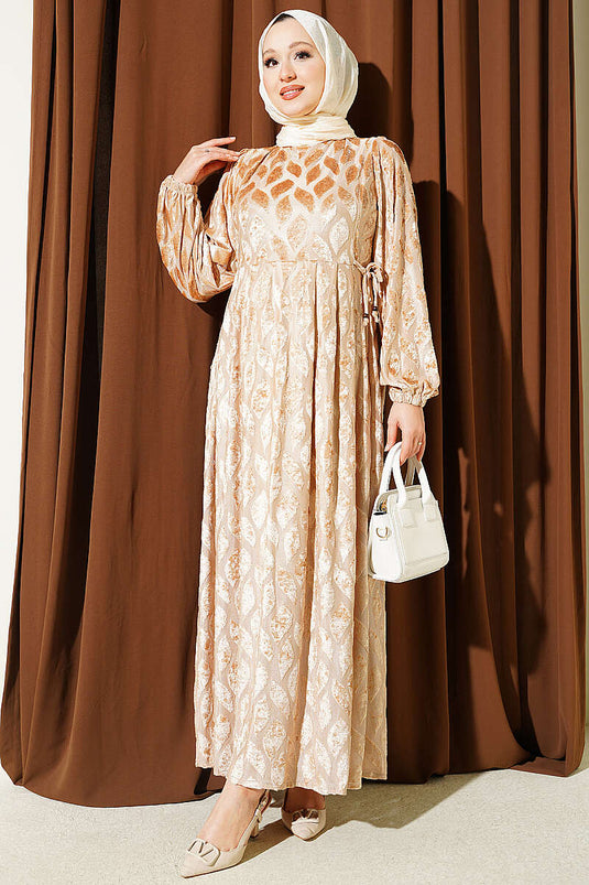 Robe Jacquard Ornée Beige