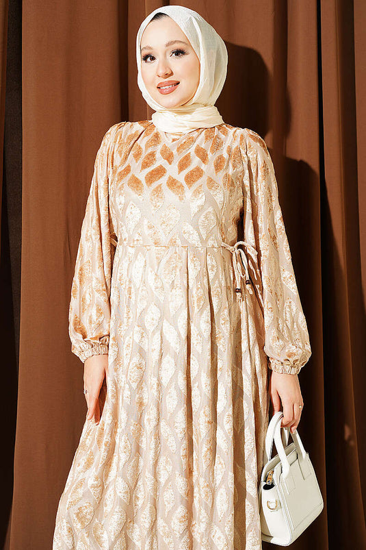 Robe Jacquard Ornée Beige