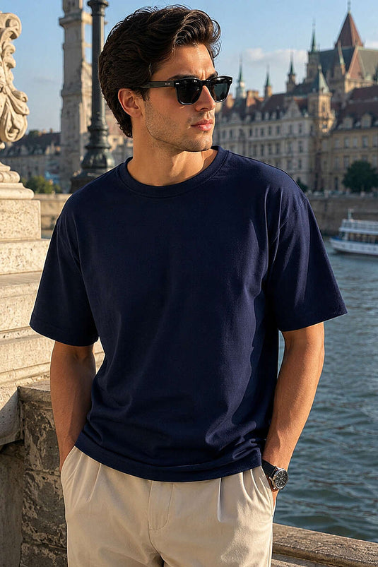 T-shirt homme à col rond jacquard bleu marine