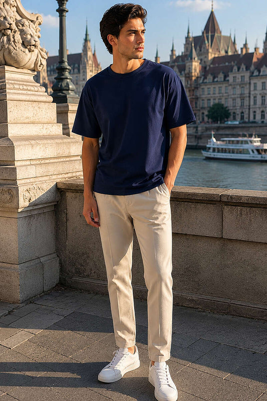 T-shirt homme à col rond jacquard bleu marine