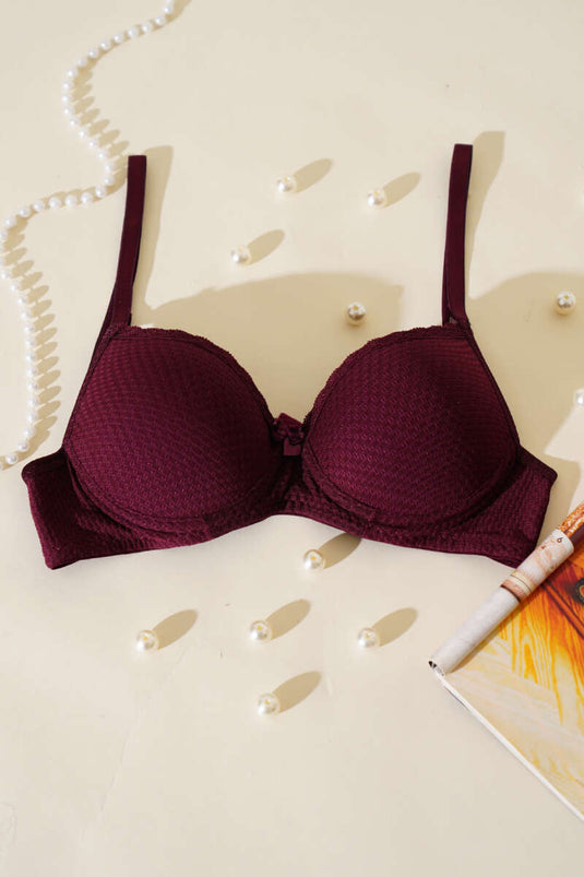 Jacquard Lace Detailed Padded Bra Dark Plum
