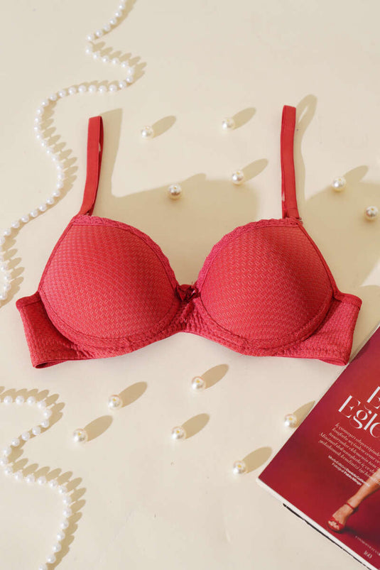 Jacquard Lace Detailed Padded Bra Pomegranate Flower