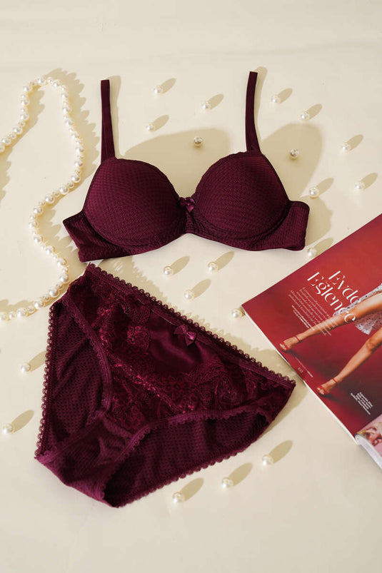 Jakarlı Dantel Detaylı Destekli Sütyen Takım Mürdüm