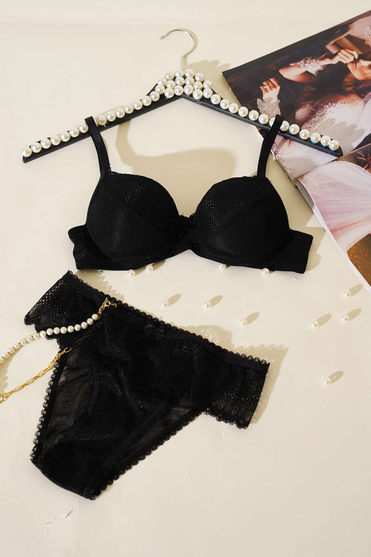 Jakarlı Dantel Detaylı Desteksiz Sütyen Takım Siyah