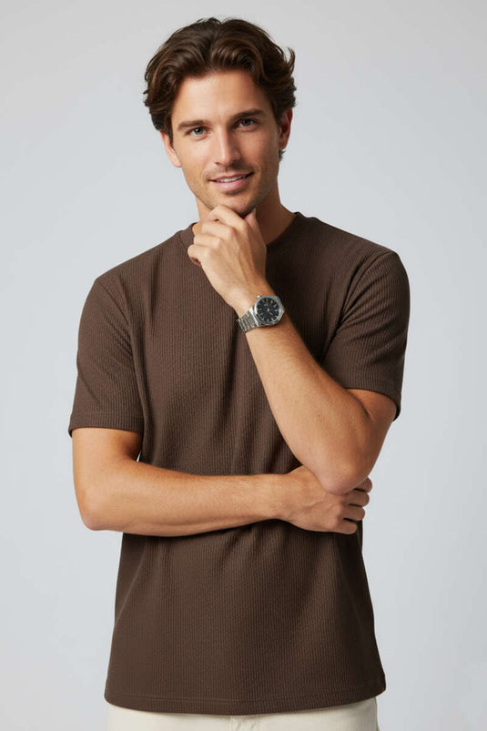 T-shirt da uomo a coste jacquard marrone