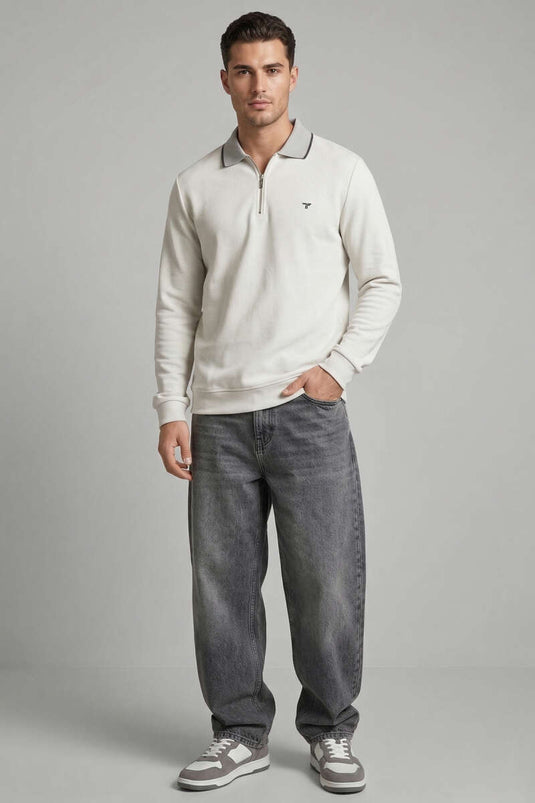 Sweat-shirt homme gris à col polo zippé jacquard