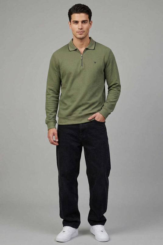 Sweat-shirt homme kaki à col polo zippé jacquard