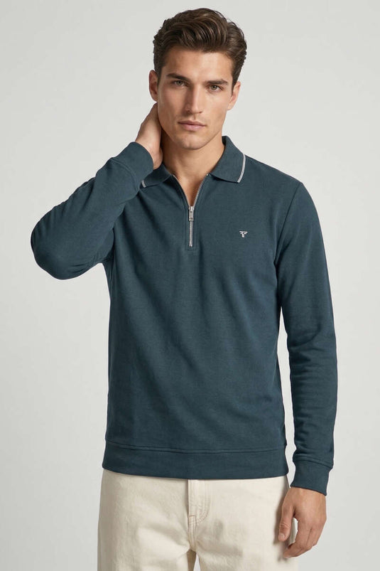 Jakarlı Polo Yaka Fermuarlı Erkek Sweatshirt Petrol