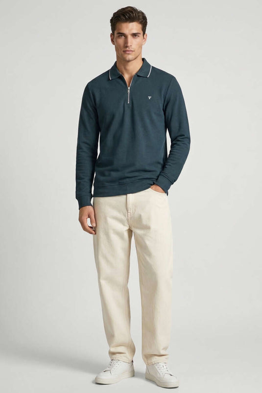 Sweat-shirt homme zippé à col polo jacquard pétrole