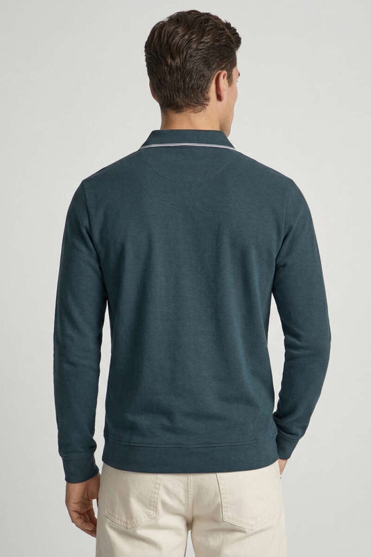 Sweat-shirt homme zippé à col polo jacquard pétrole