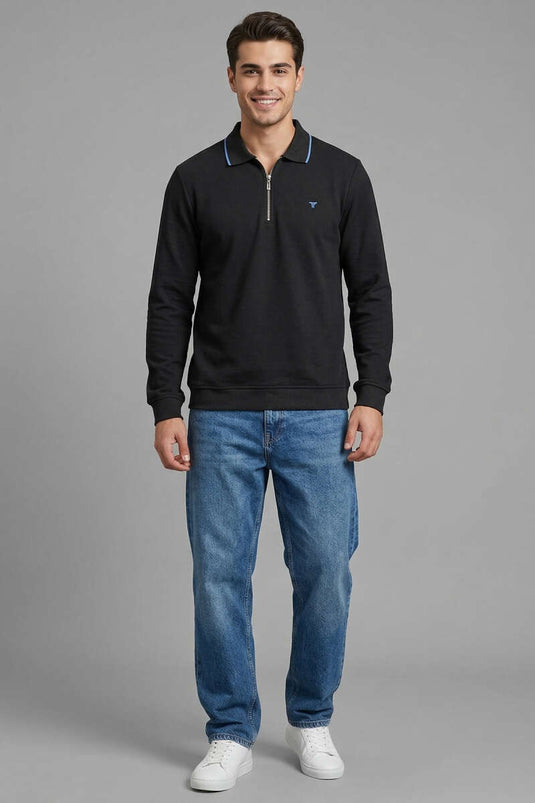 Sweat-shirt homme noir à col polo zippé en jacquard