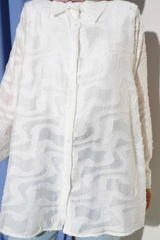 Camicia con dettagli a frange jacquard color ecru