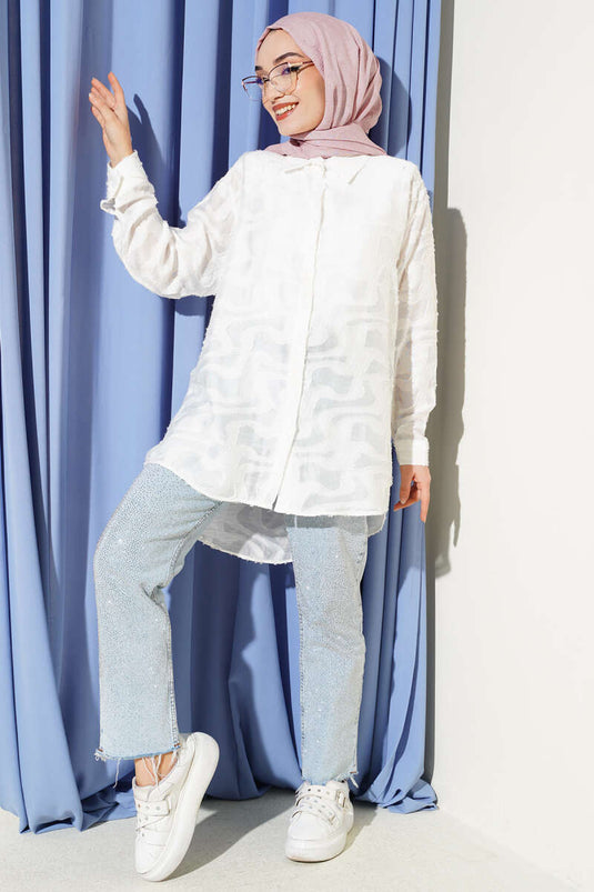 Camicia con dettagli a frange jacquard color ecru